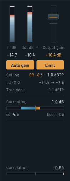 Meters: loudness in and out, output gain, auto gain and limiter, ceiling with gain reduction, LUFS-I, true peak, correction amount, correlation.