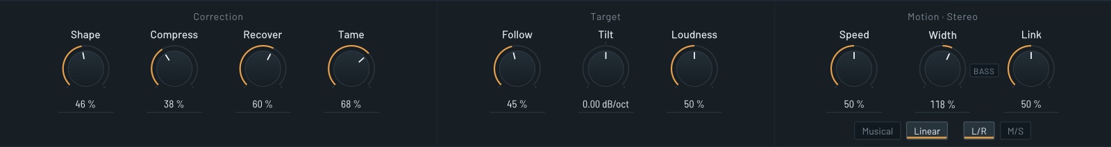 The three knob groups: Correction (Shape, Compress, Recover, Tame), Target (Follow, Tilt, Loudness) and Motion · Stereo (Speed, Width with the Bass switch, Link).