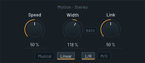 The Motion · Stereo group: Speed, Width with the Bass switch, Link, and the Musical/Linear and L/R–M/S switches.